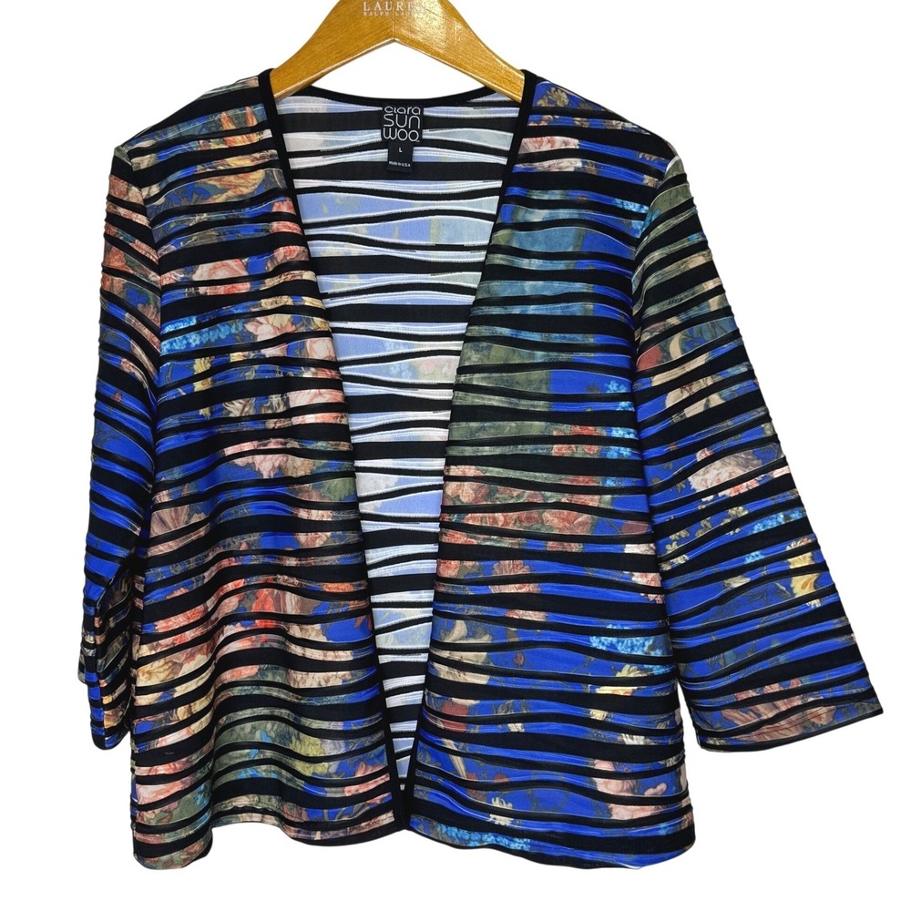 Clara Sun Woo Abstract Open Front Textured Jacket Large Blue